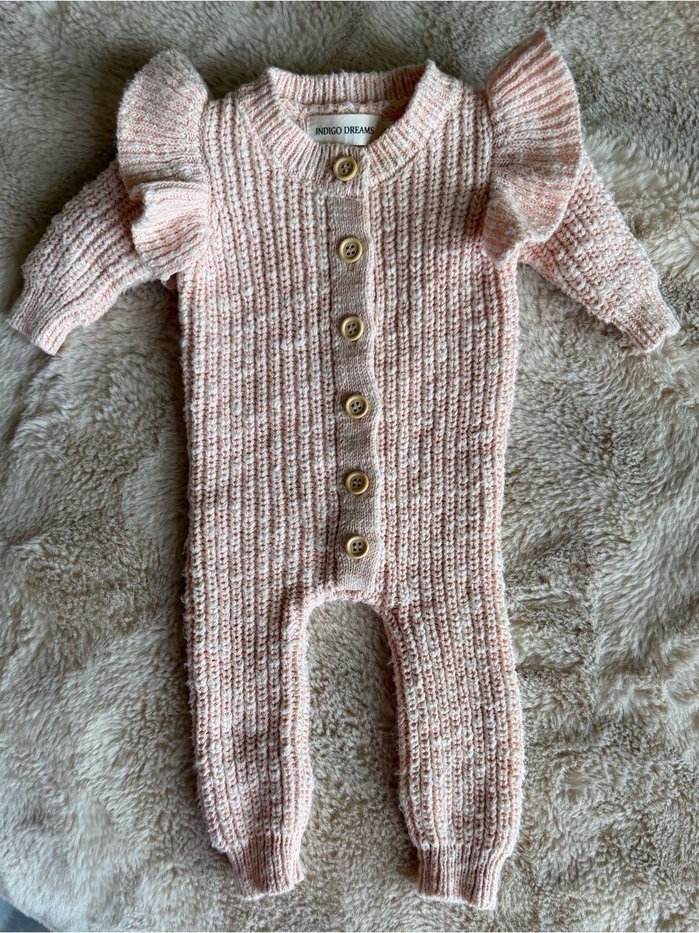 Newborn Indigo Dreams Peach Knit Ruffle Baby One-Piece